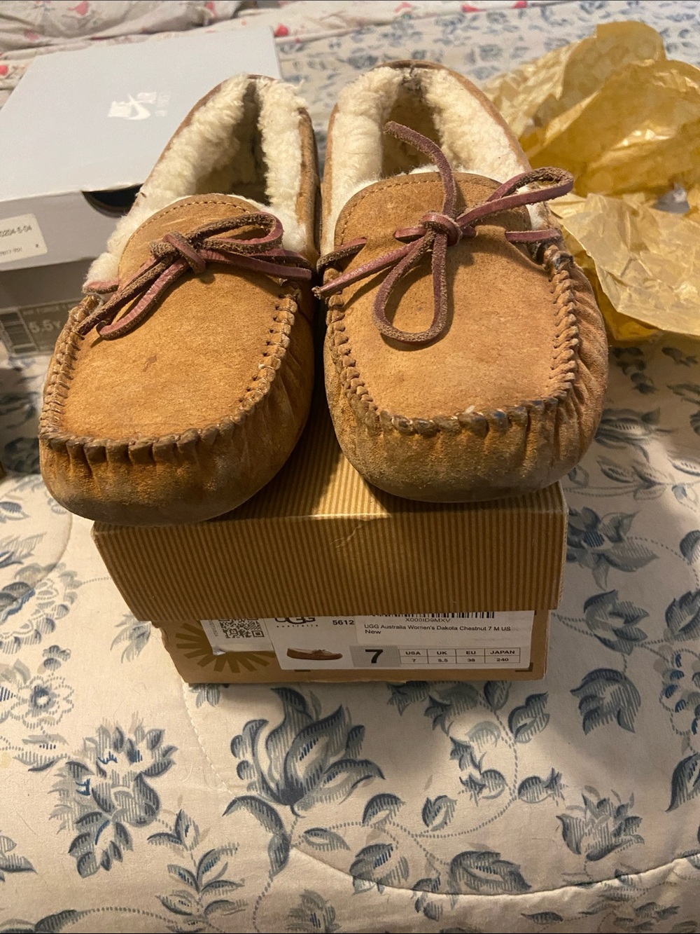 UGG Kids Chestnut Suede Moccasin Slippers with Shearling Lining